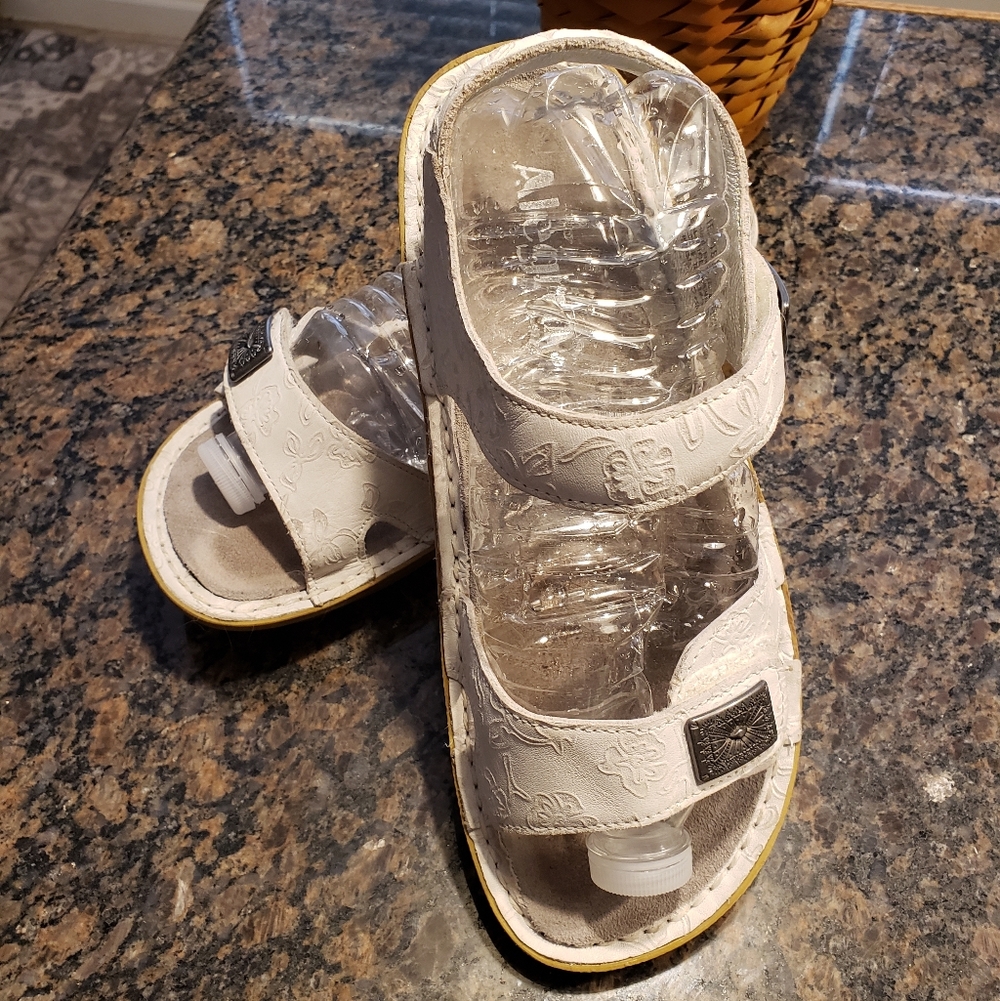 White Tooled Leather Alegria Sandals